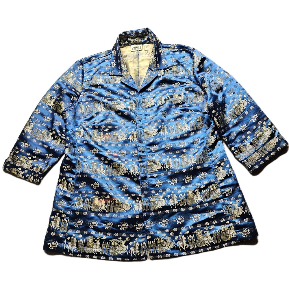 Chico's‎ Design Chinese Kungfu Jacket Womens 2 Blue Nylon Notch Lapel Snap Front